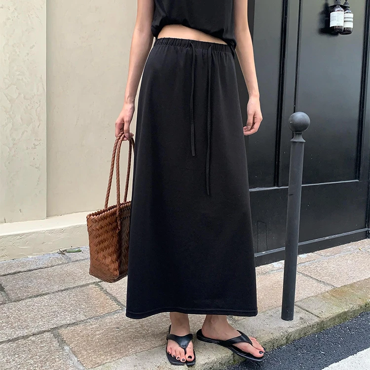 莱赛尔显瘦气质高腰休闲百搭夏季黑色法式中长款抽绳半身裙