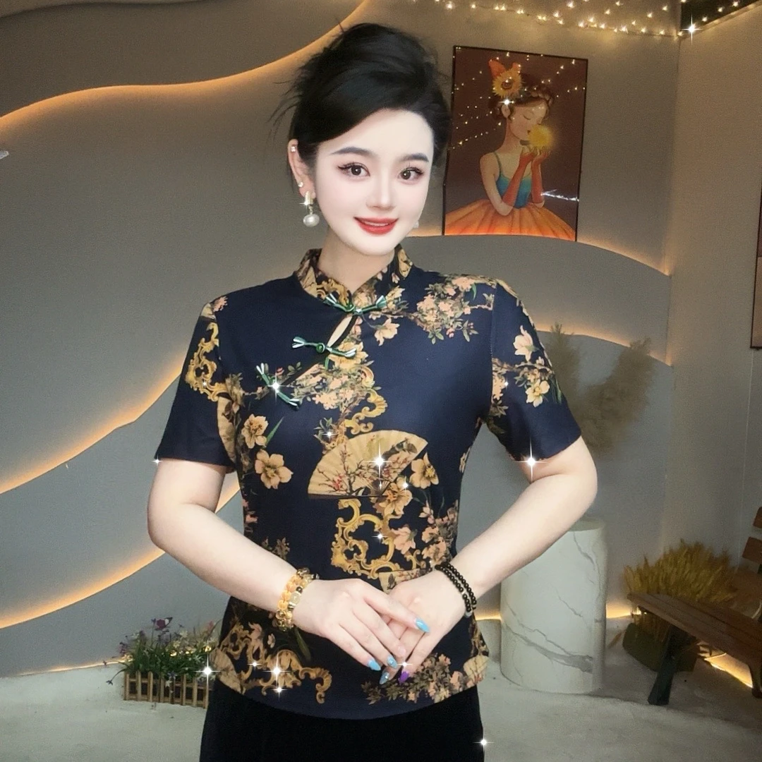 【重磅新款】新中式国风旗袍青花瓷领爆款洋气重工短袖打底衫女3027