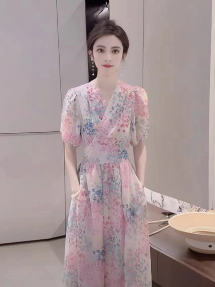 夏季新品粉粉满天星优雅碎花V领连衣裙收腰显瘦长裙