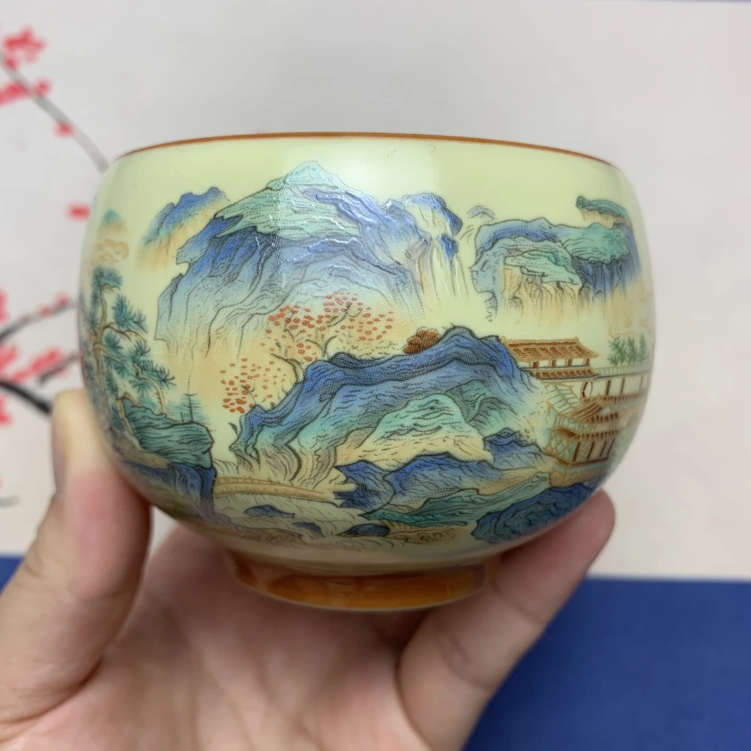【新人礼】山水画图案禅定杯汝窑茶杯高端主人杯单只装无礼盒