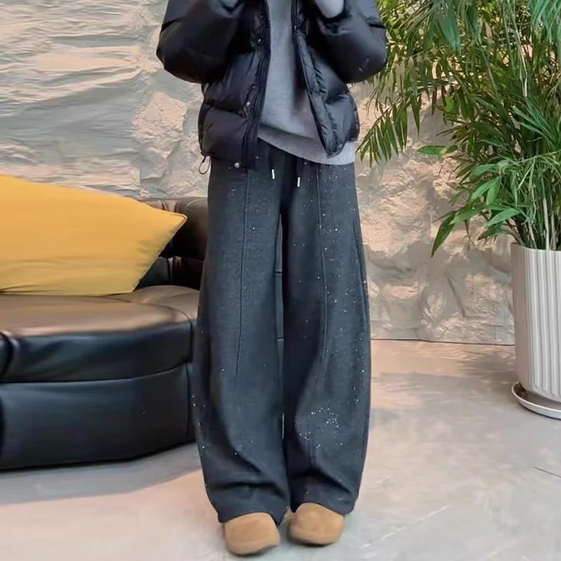 2025新款冬季休闲阔腿弯刀裤加绒加厚潮流休闲撒银弯刀裤