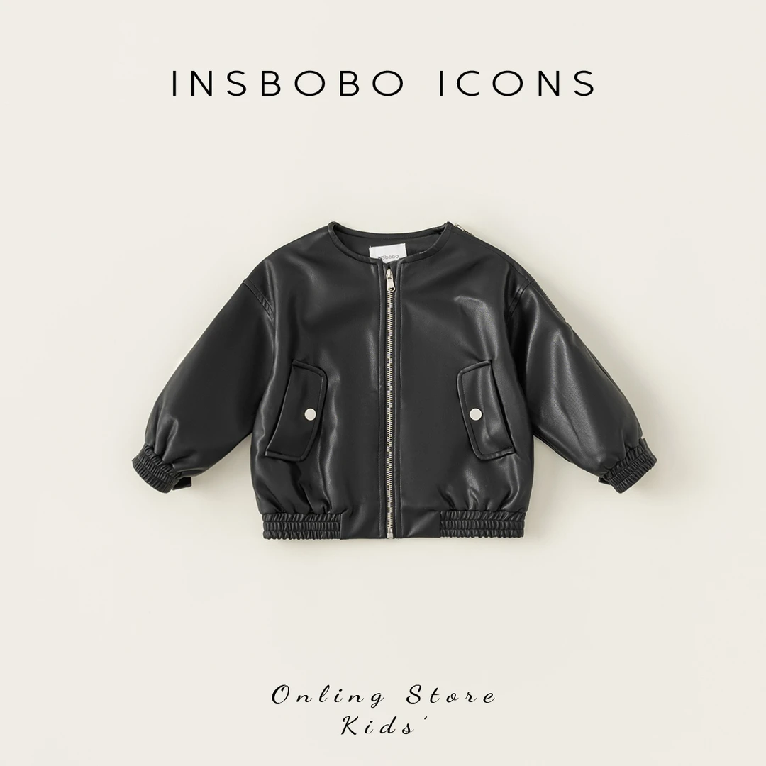 INSbobo儿童皮衣春秋新品韩版外套上衣时尚无领皮衣QW540190