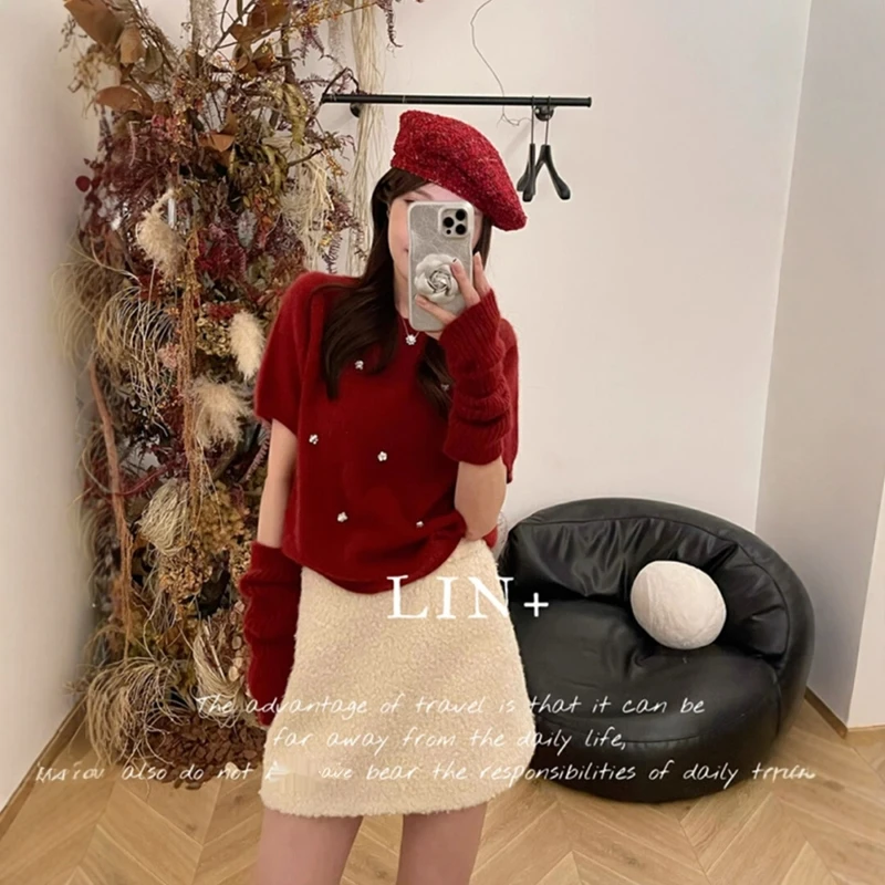 韩系新年红色袖套毛衣女秋冬本命年气质显瘦套头针织衫内搭上衣