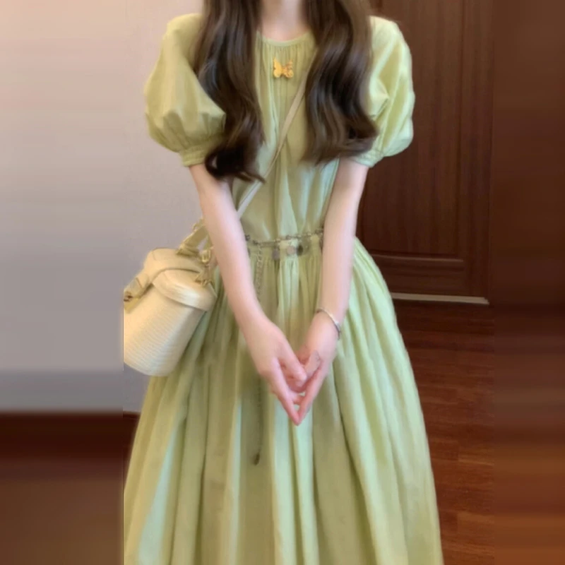 法式绿色小清新衬衫连衣裙子女夏季2025新款小个子度假风收腰长裙