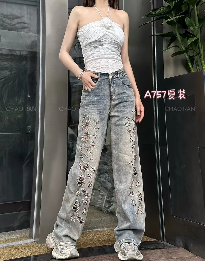 超然牛仔裤裤子阔腿裤镂空刺绣钉珠直筒裤超薄款个性时尚潮流