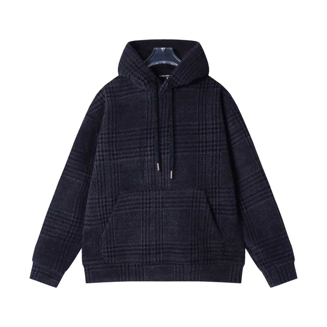 秋冬季新款时尚个性韩版绒毛格纹抽绳连帽卫衣百搭情侣套头上衣