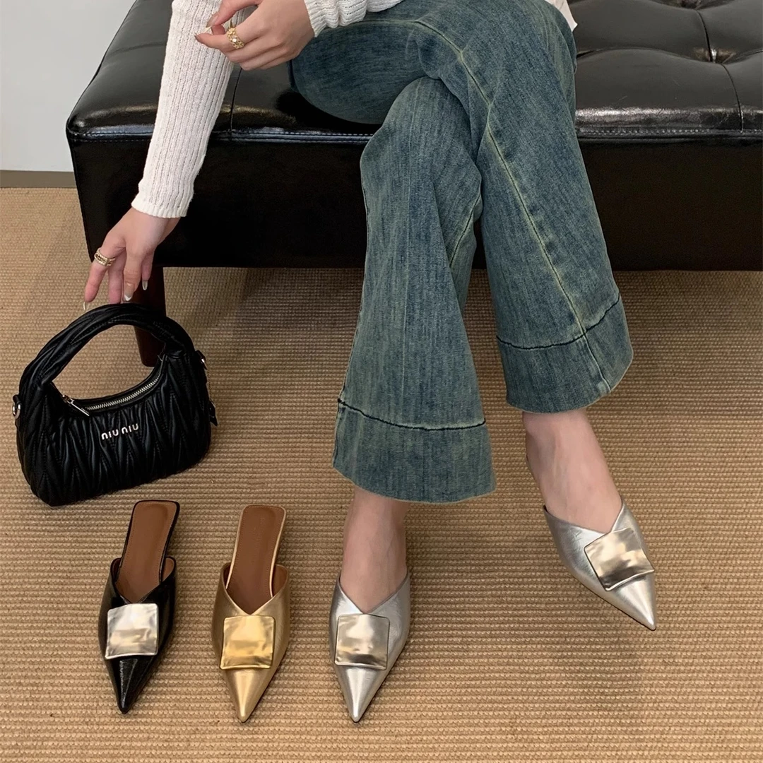 2025夏季新款方扣时尚低跟鞋凉拖鞋女外穿细跟中跟包头半拖