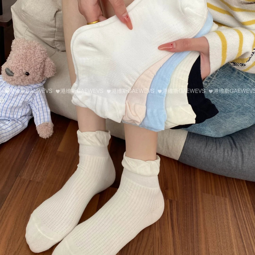 港维斯夏季芭蕾风泡泡口木耳边少女薄袜透气吸汗纯色袜子短袜