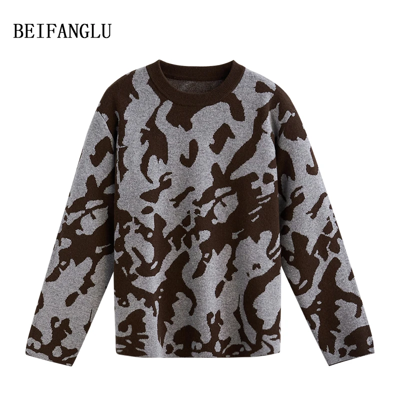 品牌柜单髙货！绵羊毛复古豹纹提花圆领套头针织羊毛衫6611