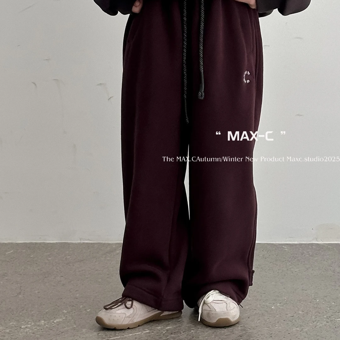 【唛池新品】25年新款酒红色加绒卫裤65090