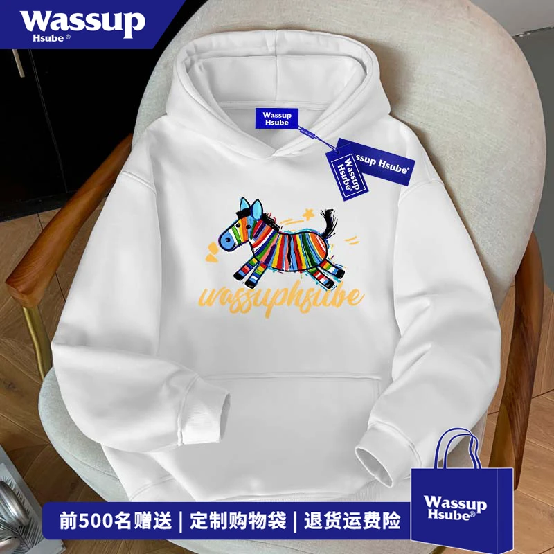 WASSUP HSUBE原创个性斑马印花连帽卫衣男秋冬宽松情侣装上衣服