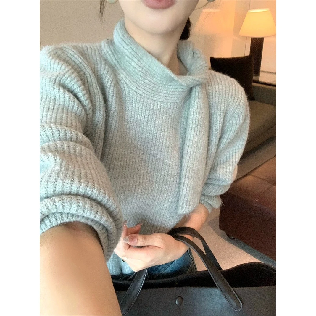 法式优雅温柔显瘦针织衫上衣女蝴蝶结绑带立领长袖套头毛衣网红