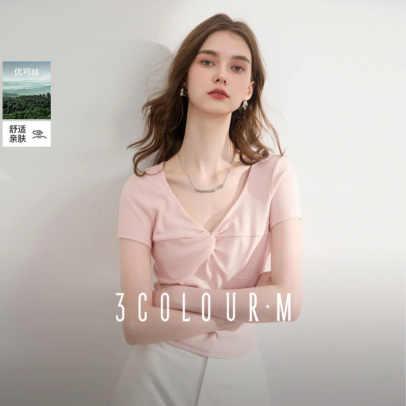 三彩2025夏季新款优可丝T恤扭结V领正肩短袖上衣修身短款显瘦M