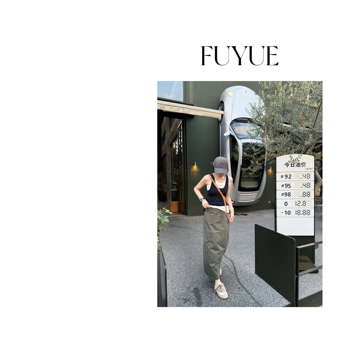 FUYUE赴约 品质日系复古半身裙咖绿色极简主义遮肉显瘦时尚休闲
