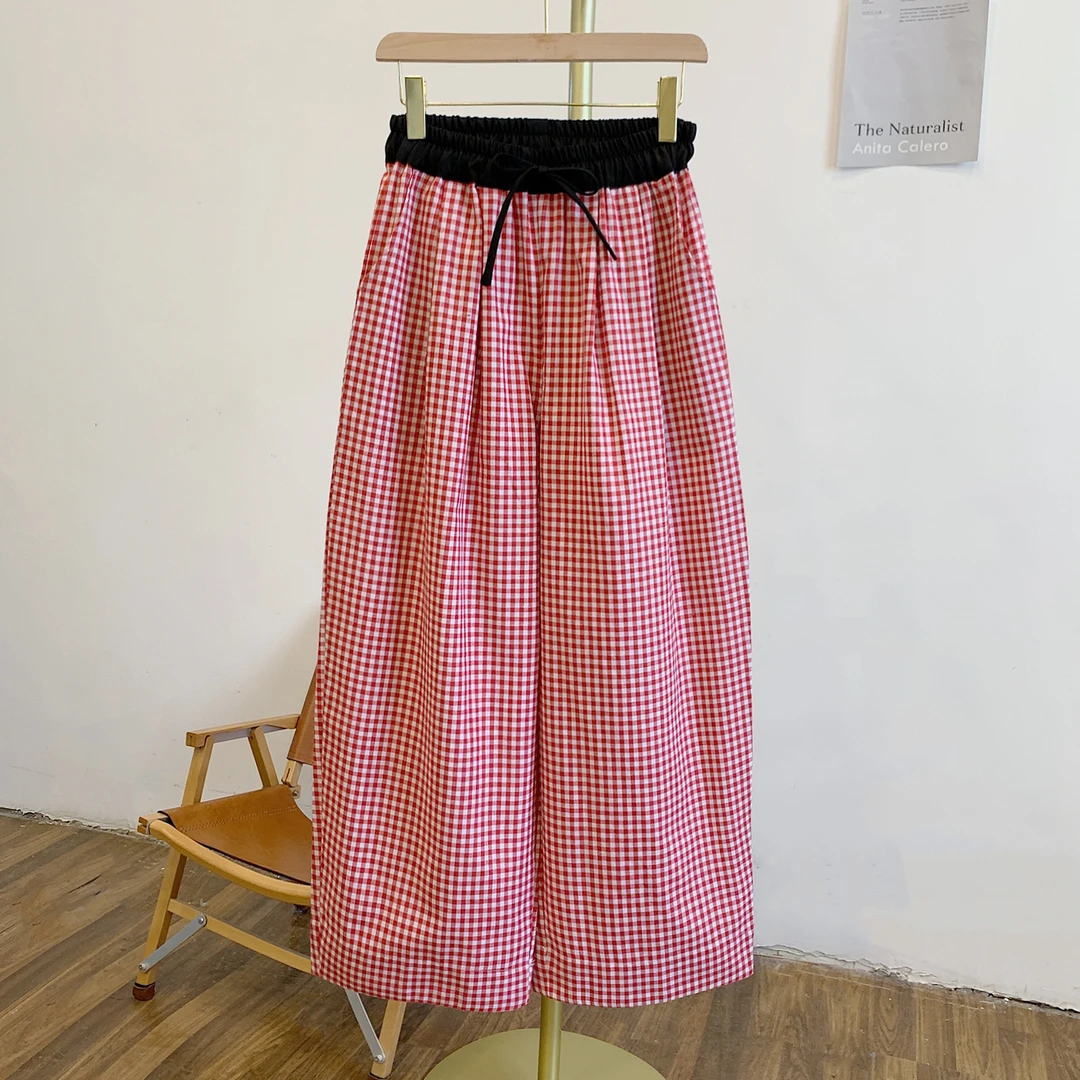 红格子MNY2666格纹松紧腰系带休闲裤
