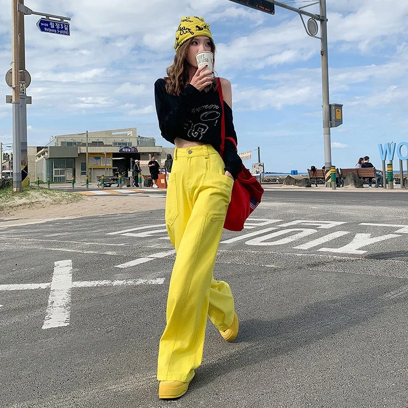 新款美式爆款气质复古廓形宽松阔腿休闲裤女大口袋直筒牛仔裤