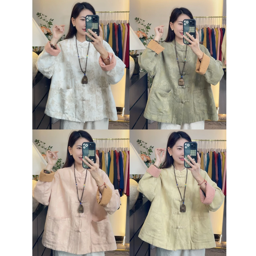 花汐语【麻影彩】高品质提花亚麻双层中式盘扣优雅女士短外套女