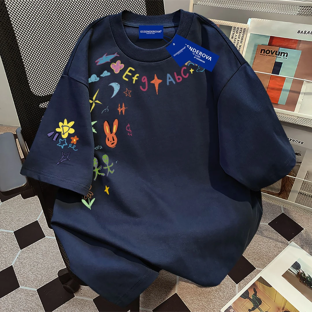 100%纯棉chic设计感图案圆领短袖t恤女夏款宽松百搭气质上衣男ins