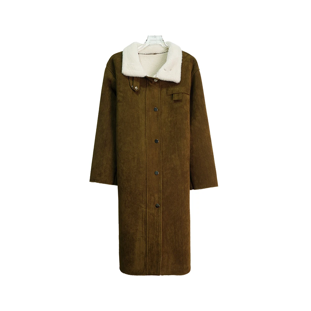 X8171 时尚休闲百搭加绒加厚保暖绒毛咖色中长款翻领外套