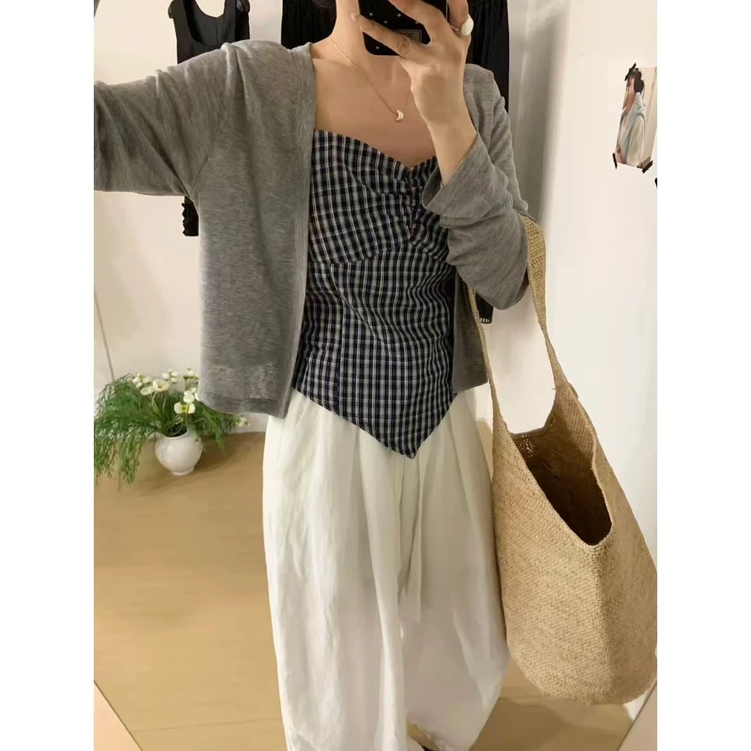 那简家夏季ins氛围感格子吊带背心女➕薄款韩范慵懒开衫两件套套装