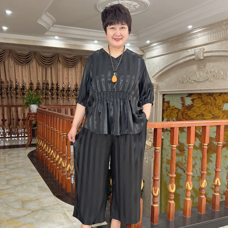 英姐大码妈妈装2025春夏新款休闲两件套中老年女装加肥加大套装