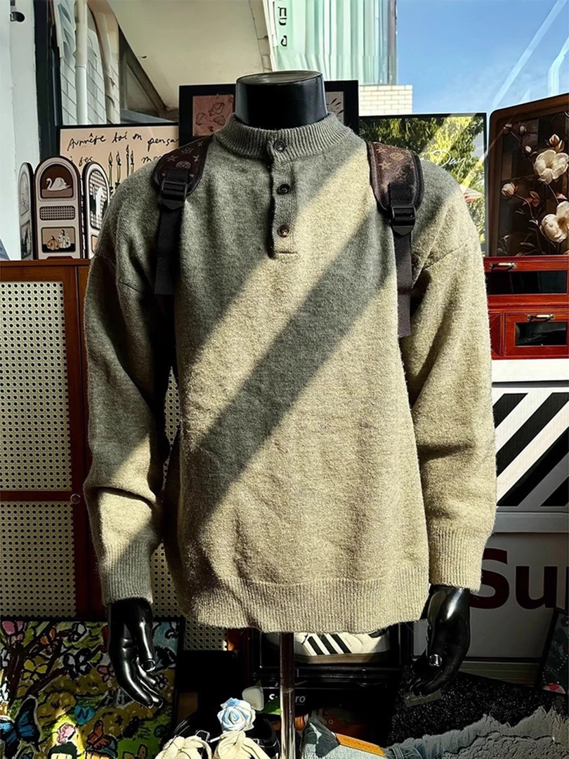 美式复古亨利领毛衣男款秋冬慵懒风高级感针织衫cleanfit保暖内搭