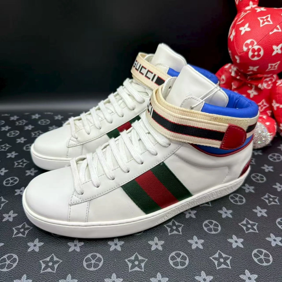 95新 GUCCI/古驰 男士时尚白色魔术贴高帮板鞋40欧码 ddm2831