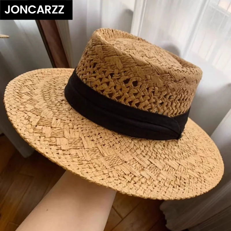 JONCARZZ镂空麻织带草编帽女夏季出游旅行防紫外线平顶草帽遮阳帽