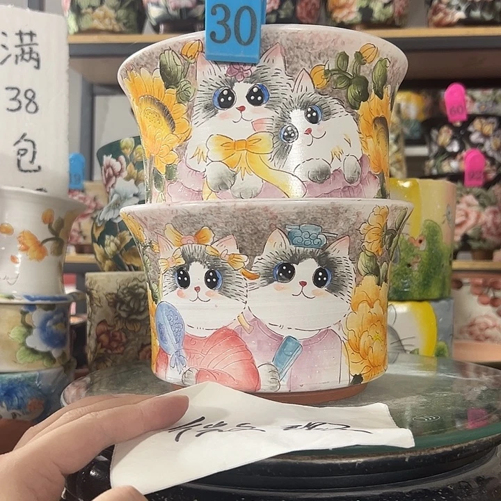 宏***姐满38包邮 景德镇手绘花盆