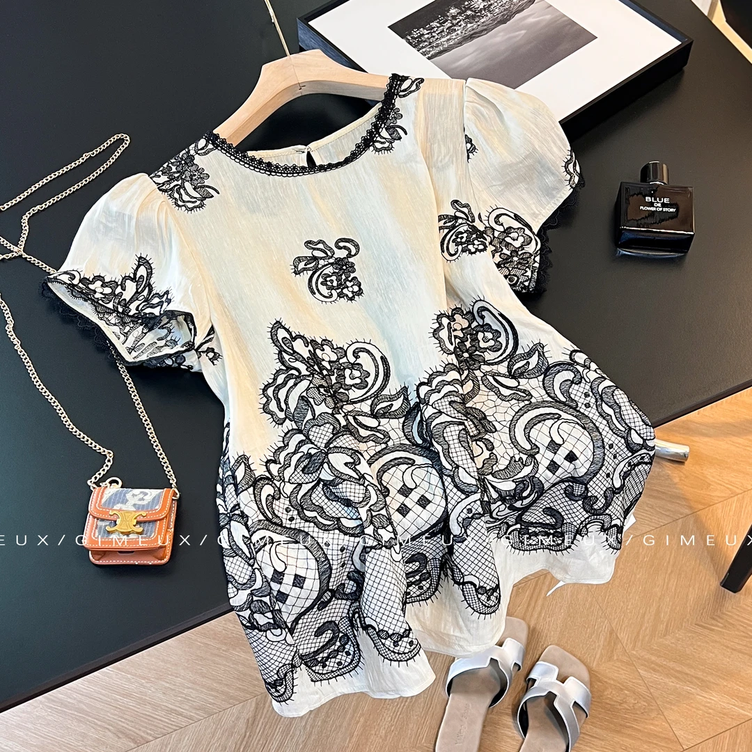 法式高级感蕾丝刺绣短袖T恤女2025夏季新款洋气百搭宽松上衣小衫