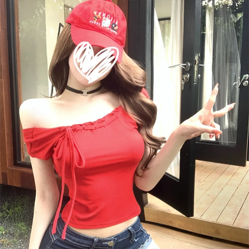 梦优莱韩系辣妹风独特漂亮蝴蝶结绑带短袖T恤女夏季修身显瘦上衣