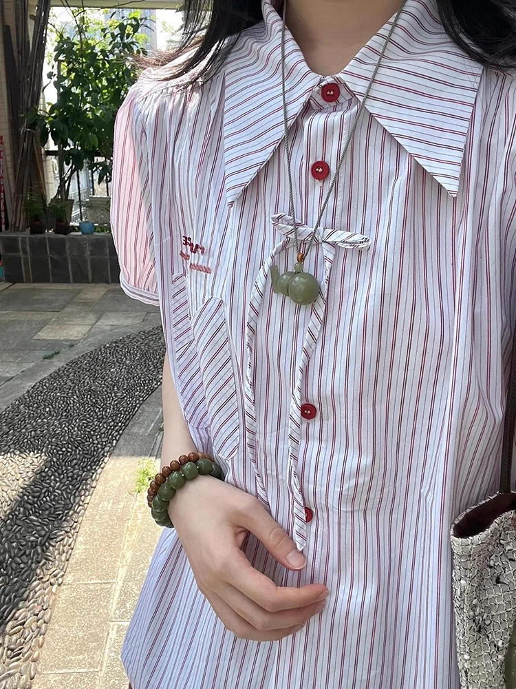 短袖条纹衬衫女2025夏季新款学院风小个子蝴蝶结休闲衬衣薄款上衣