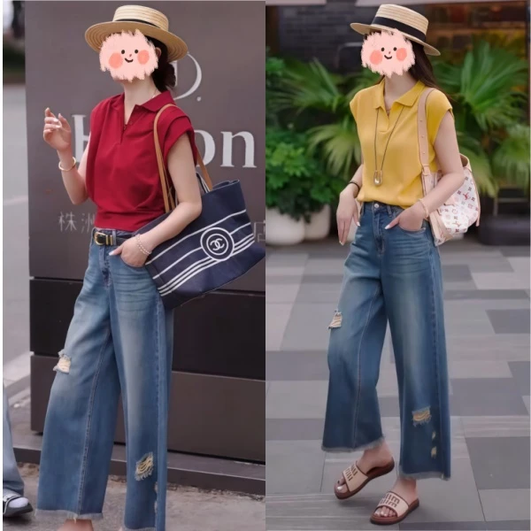 洋气衣服女2025夏季新款坎肩纯色上衣显瘦百搭休闲破洞牛仔裤套装