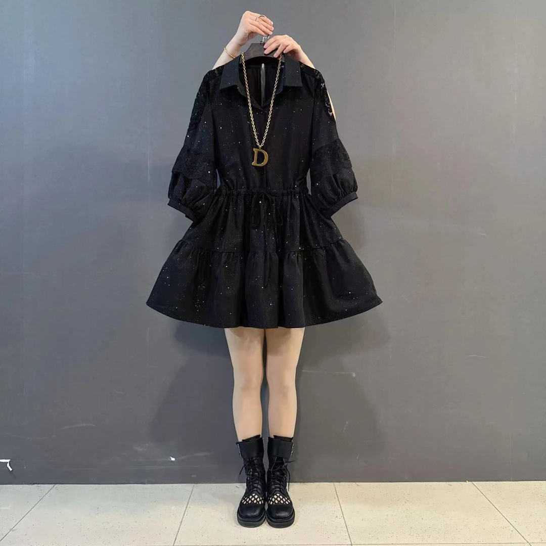 早春新款胖mm大码蕾丝拼接翻领抽绳收腰显瘦亮晶晶连衣裙