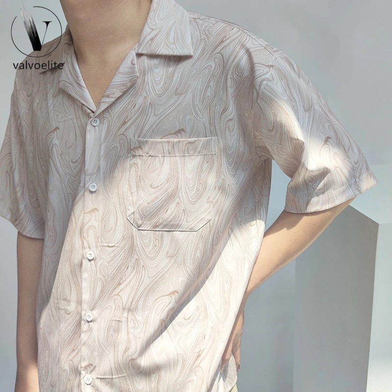 VALVOELITE夏季小众古巴领慵懒宽松垂坠质感韩风薄复古波浪纹短袖