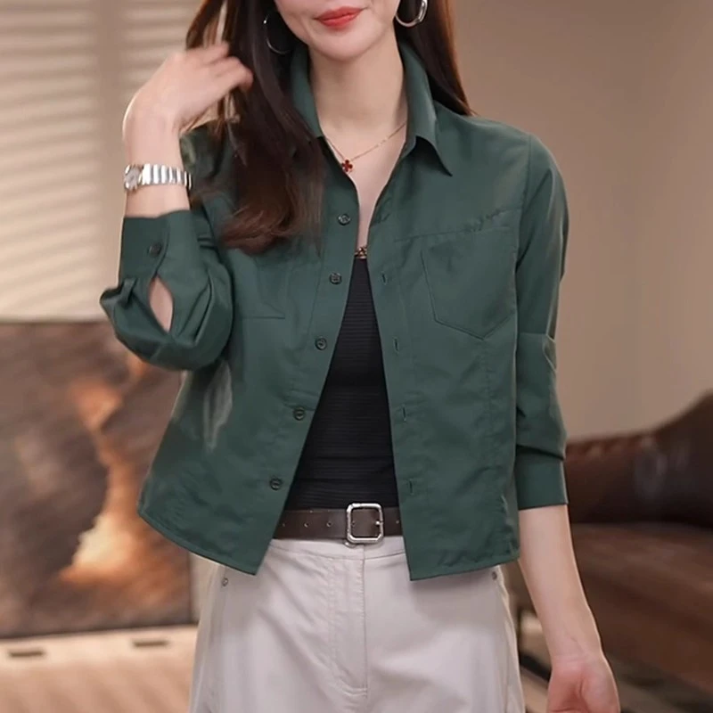 翻领设计感长袖衬衫女2025秋季新款韩版宽松时尚洋气纯色显瘦上衣