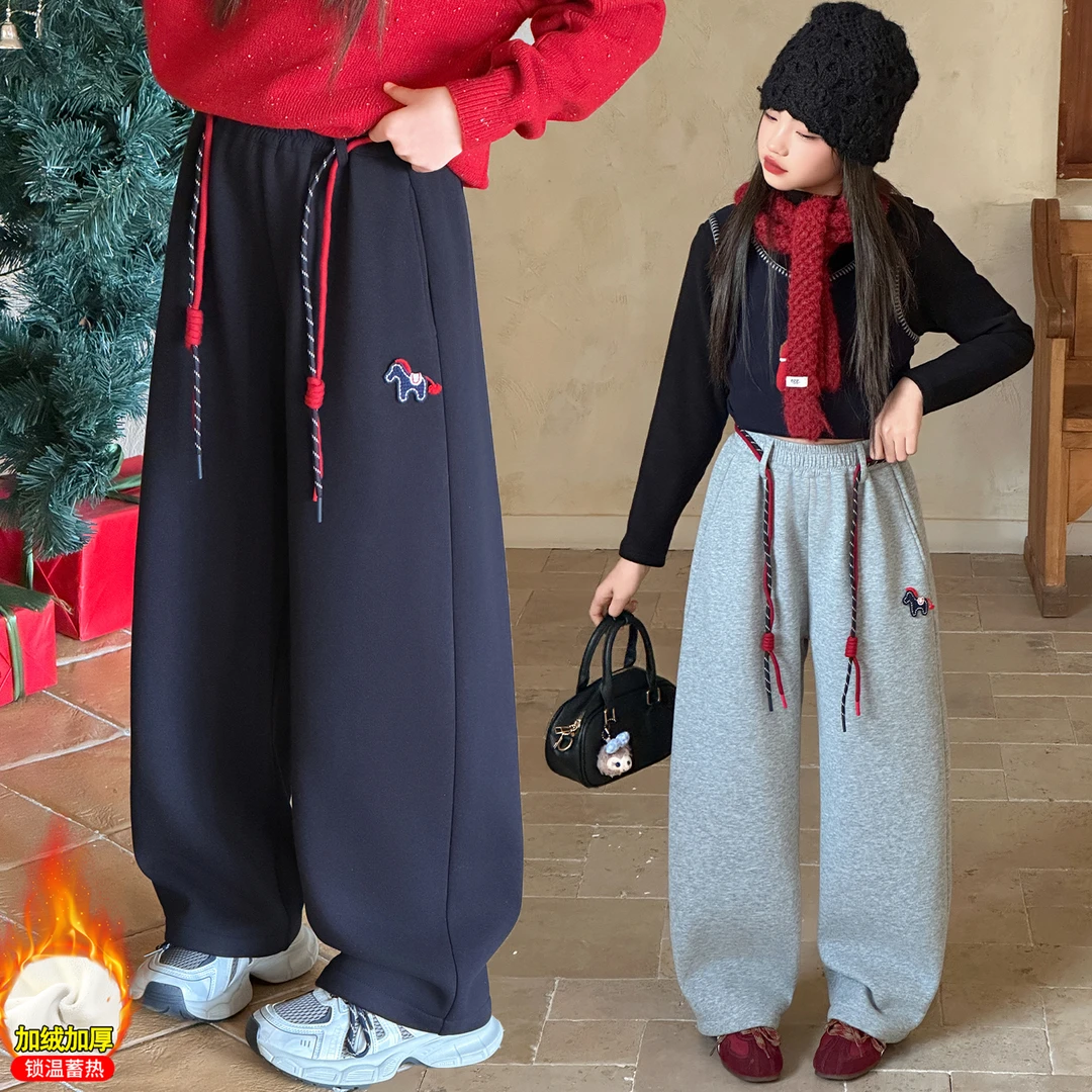 女童冬装加绒加厚彩色小马香蕉裤弯刀裤6-12岁休闲宽松直筒15学生