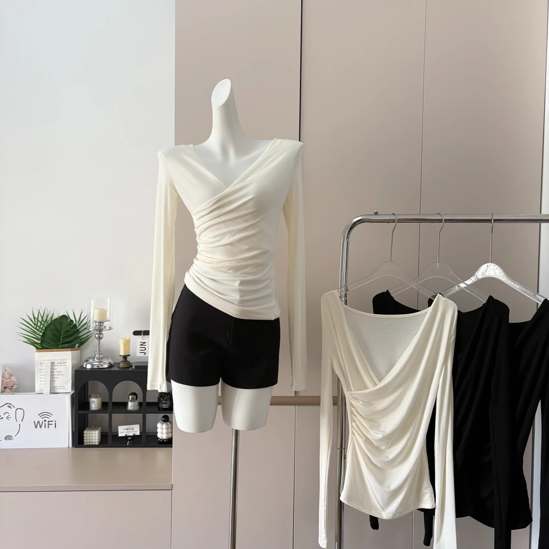 设计感交叉V领天丝羊毛针织衫女收腰气质百搭长袖上衣