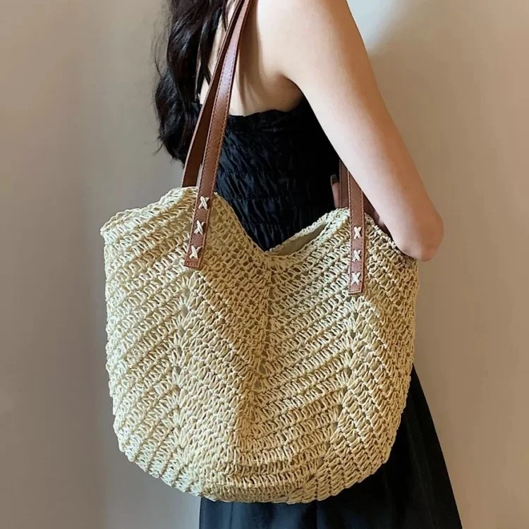 慵懒风草编包2025春夏新款大容量春游单肩包时尚郊游手提包沙滩包
