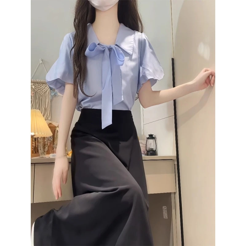 蓝色正肩短袖衬衫女款2025新款茶里茶气别致短款多巴胺穿搭上衣夏