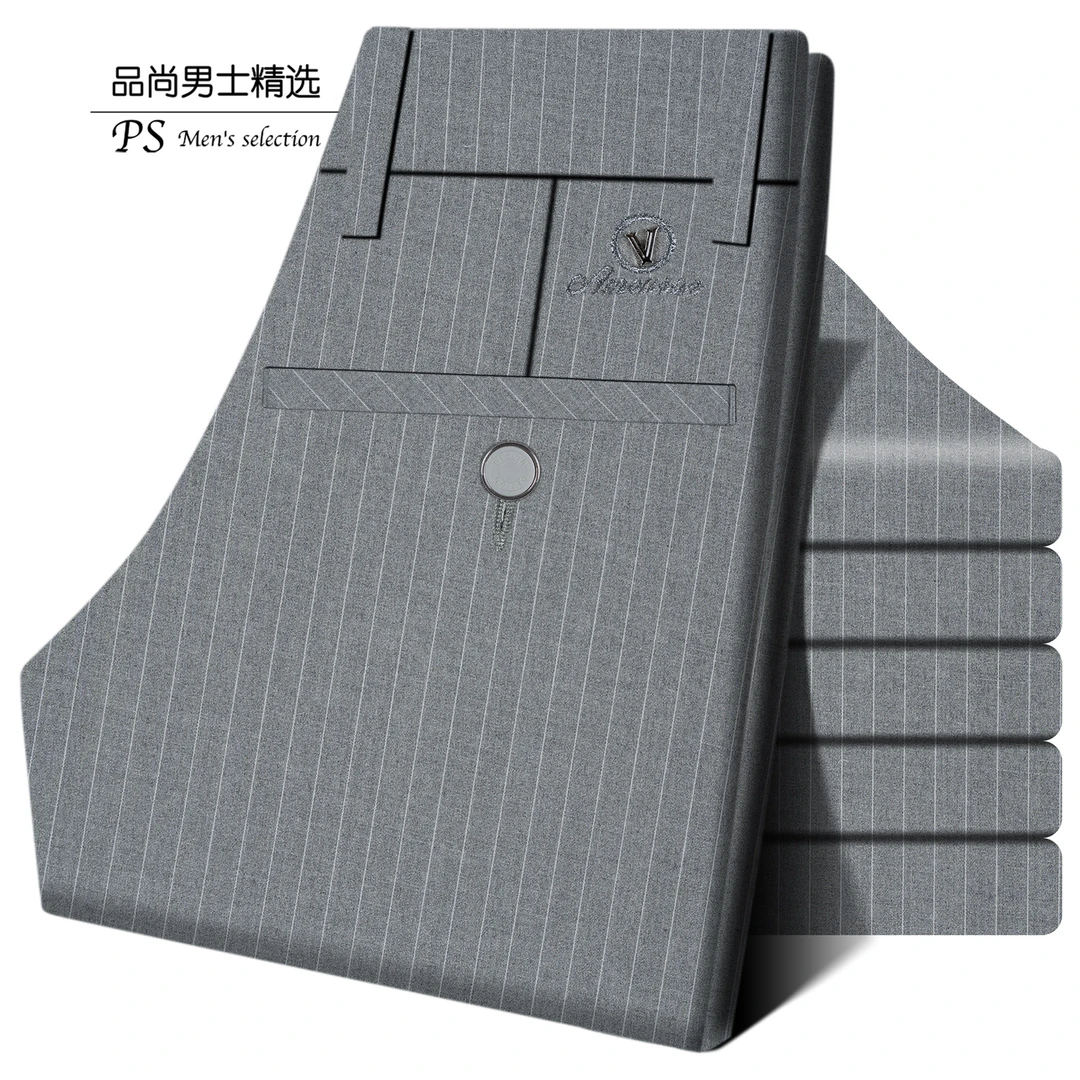 长裤免烫条纹小直筒裤修身休闲裤男士弹力高腰时尚潮流春夏裤子
