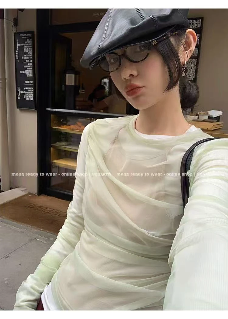 韩版小众设计感网纱长袖上衣+吊带背心打底衫套装女2025春季新款