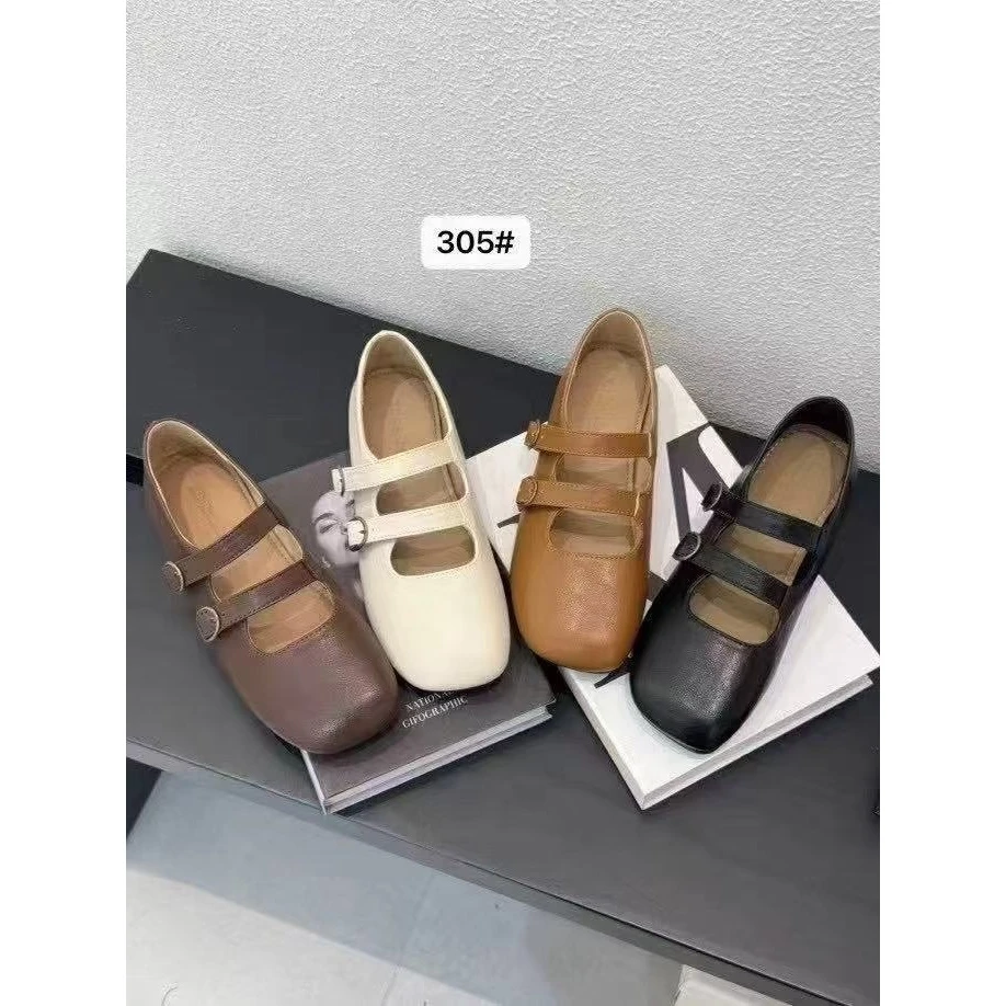 时尚百搭复古圆头浅口女法式一字带配裙子单鞋305(单鞋)