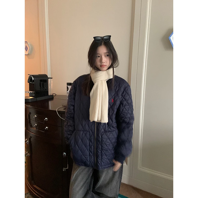 王少女的店【清清】藏青色菱格棉服外套秋冬季休闲上衣 Y27334S44