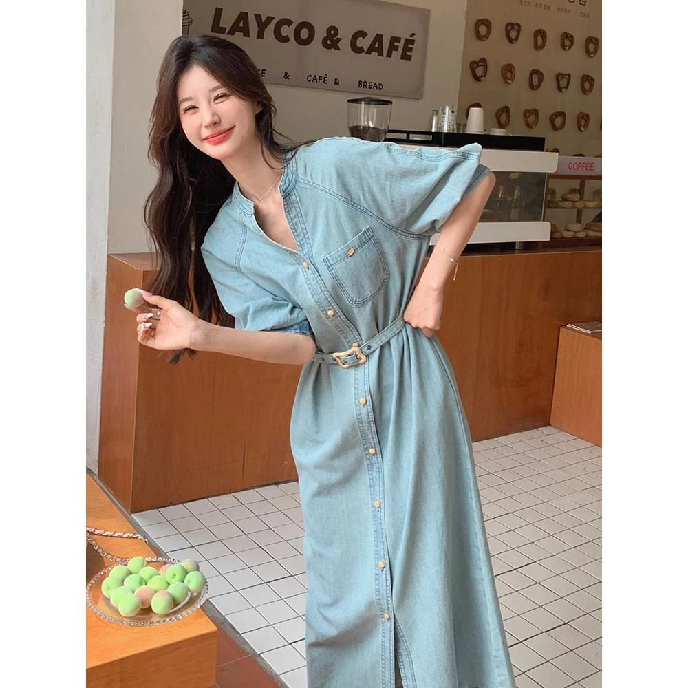 浅色复古薄款牛仔连衣裙女夏2025新款法式复古收腰显瘦高级感长裙