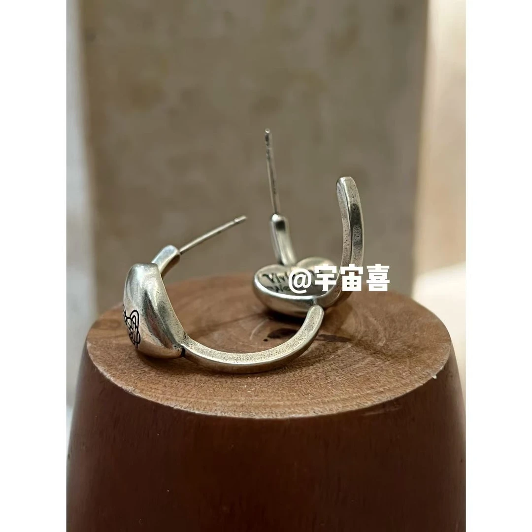 铜合金珐琅耳饰  L4-092【c字古银色爱心星球耳钉耳圈】古银色