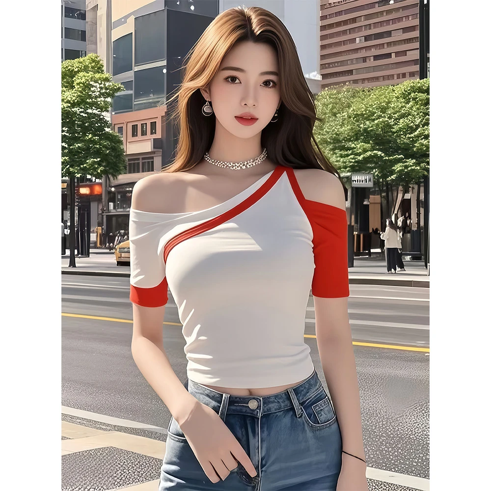 短袖T恤女2025新款夏季爆款衣服修身性感独特漂亮短款一字肩睡衣