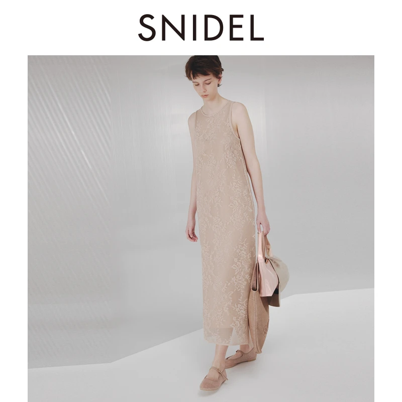 SNIDEL新品气质圆领无袖微透蕾丝针织连衣裙SWNO242150