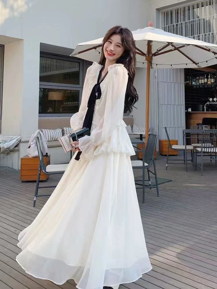 【运费补贴6-8元】气质长袖蝴蝶结V领荷叶边收腰显瘦a字优雅长裙