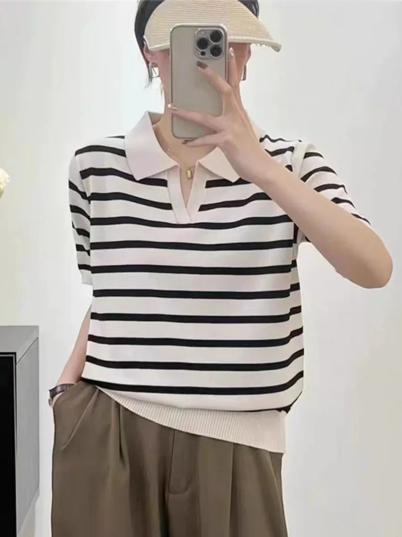 (方领~条纹)短款条纹针织短袖t恤女2025新款爆款夏季时尚洋气上衣